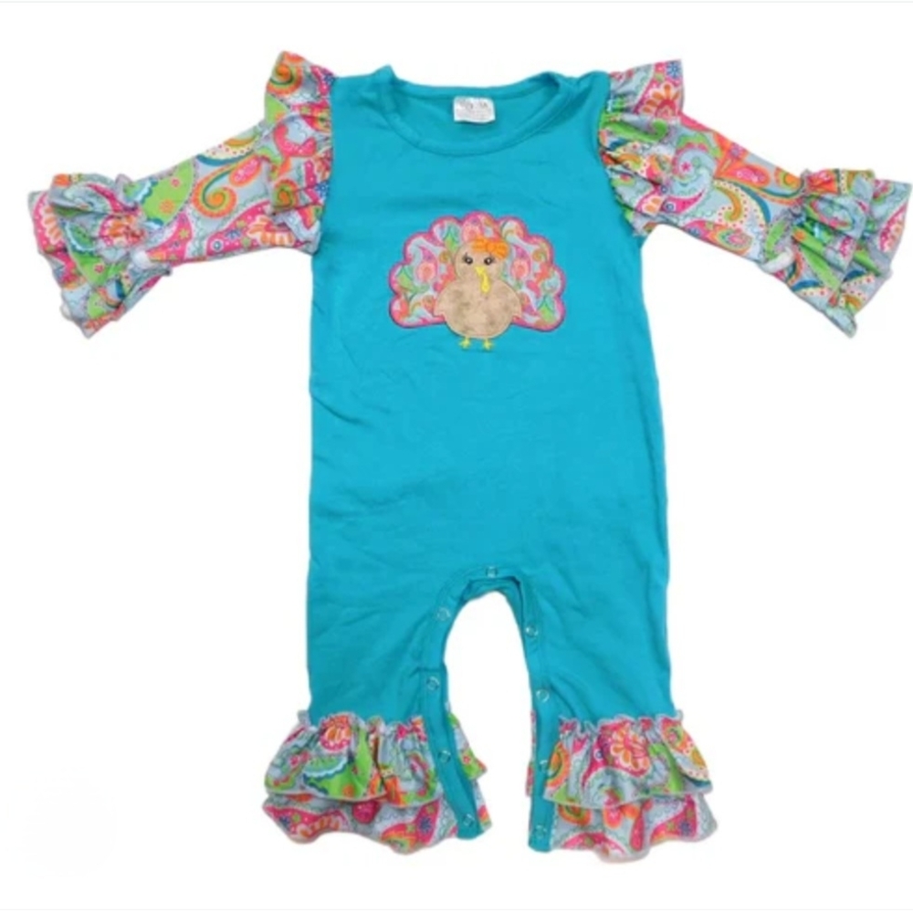 #1868 Teal Thanksgiving Baby Romper with Paisley Ruffle Sleeves Sz. 12m - Picture 2 of 5
